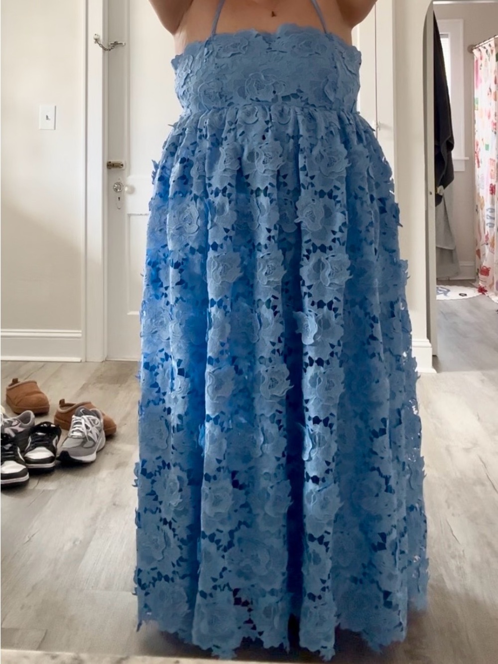 Girls Blue Floral Lace Halter Dress
